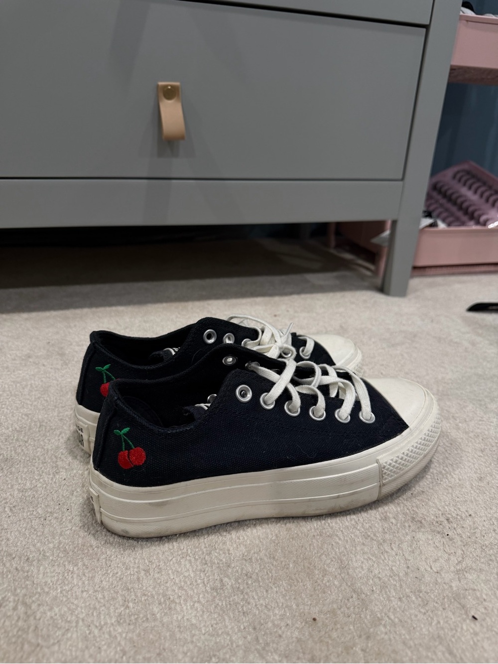 Converse Black Low-Top Sneakers with Red Cherry Embroidery